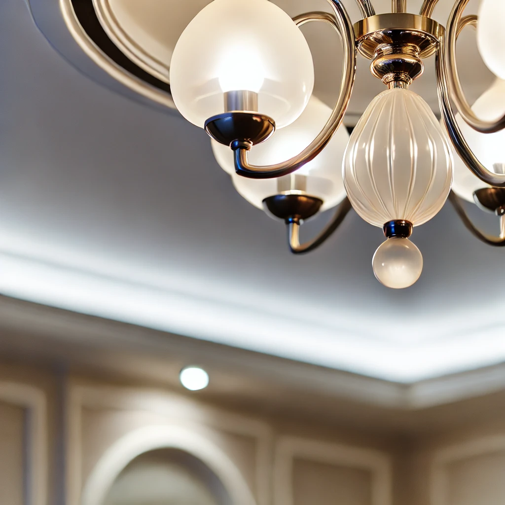 Close-up of a statement chandelier in a modern classic interior, highlighting the intricate design and elegant lighting that adds drama and sophistication to the space.