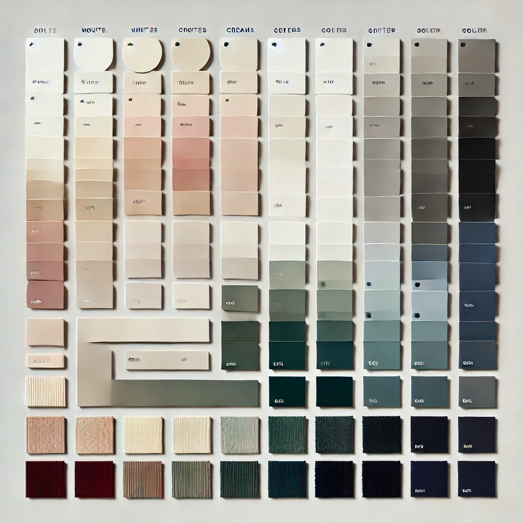 Color palette featuring neutral tones of white, cream, beige, and soft gray, alongside bold accent colors like navy blue, emerald green, and deep burgundy.