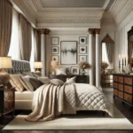 Modern classic bedroom featuring a blend of elegant classical elements and modern simplicity, with a tufted headboard, high-quality bedding in neutral colors, dark wood furniture, ornate mirrors, and luxurious drapes, creating a luxurious yet inviting atmosphere.