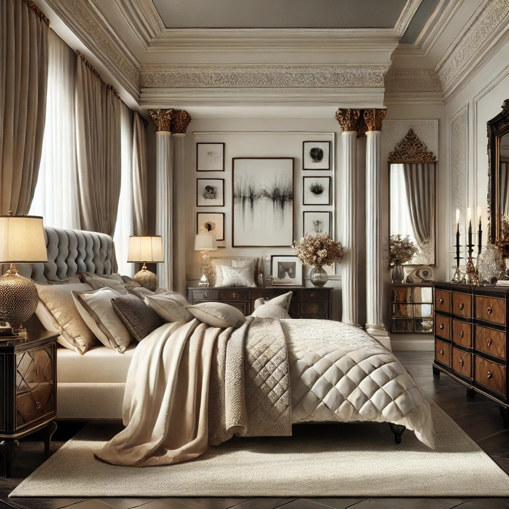 Modern classic bedroom featuring a blend of elegant classical elements and modern simplicity, with a tufted headboard, high-quality bedding in neutral colors, dark wood furniture, ornate mirrors, and luxurious drapes, creating a luxurious yet inviting atmosphere.