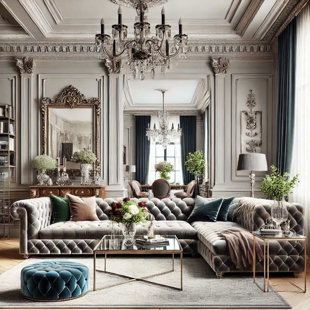 Modern classic interior design living room with tufted velvet sofa, glass coffee table, crown moldings, crystal chandelier, and a blend of traditional and contemporary decor in neutral tones with navy and emerald accents.