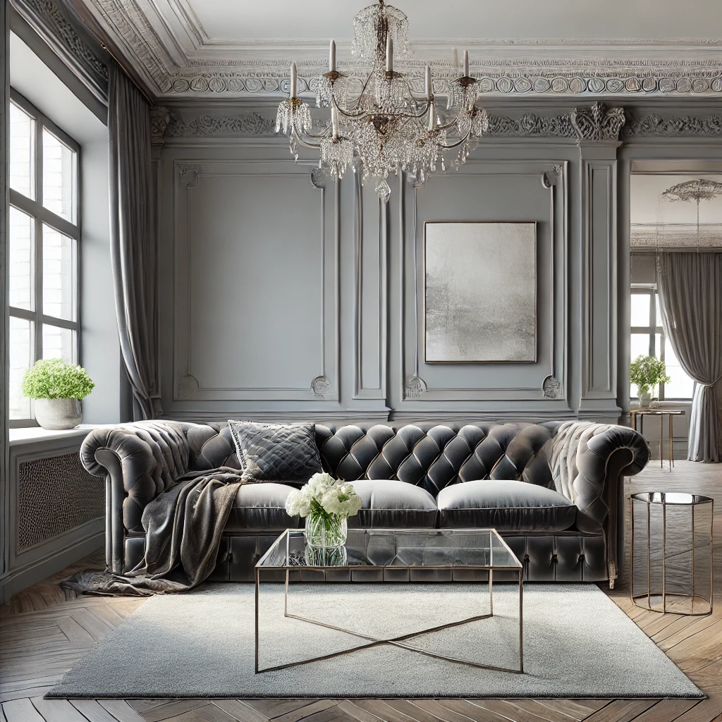 Modern classic living room featuring a tufted velvet sofa, sleek glass coffee table, soft gray walls with crown moldings, and a crystal chandelier.