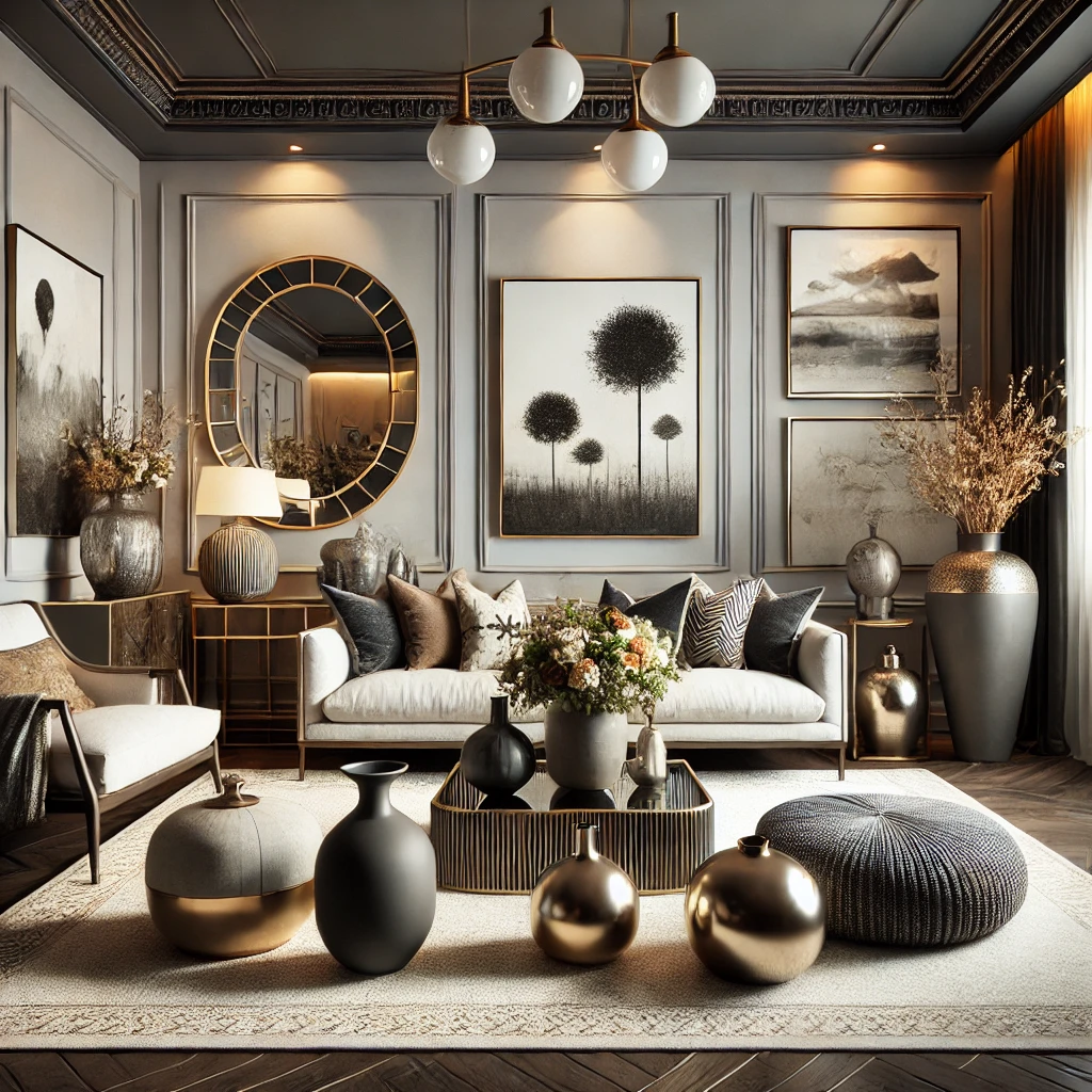 Modern classic living room featuring elegant accessories including an ornately framed mirror, abstract and landscape artwork in a gallery style, matte black and metallic vases, and a traditional-patterned rug with a modern color palette.