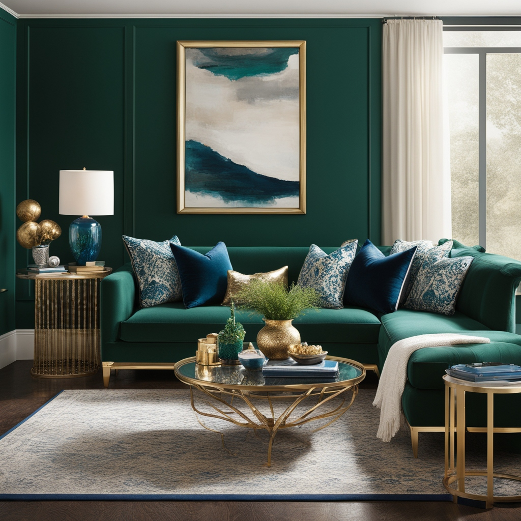 Modern classic living room with neutral tones and bold accents including an emerald green accent wall, sapphire blue pillows, and gold metallic accessories, creating a timeless and elegant interior design.