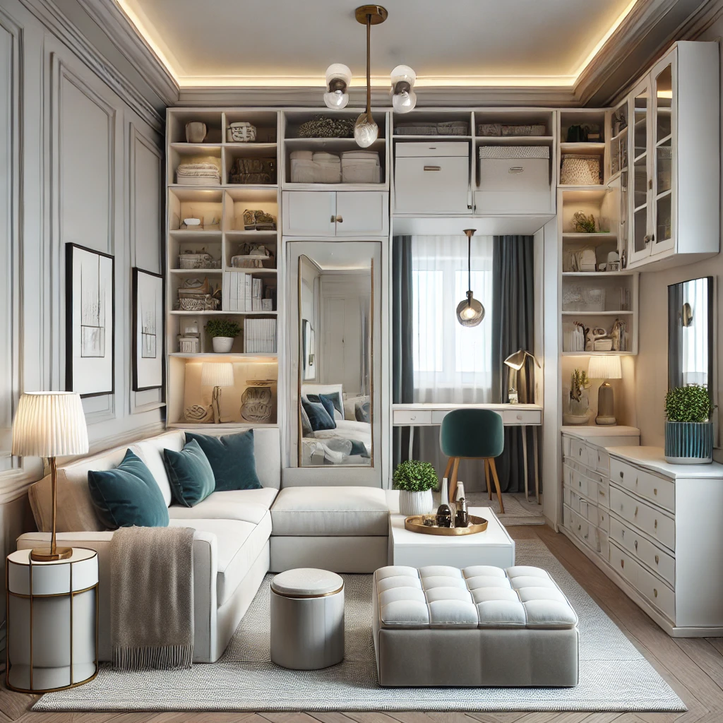 Small apartment or compact living room styled in modern classic design with multifunctional furniture, light neutral colors, rich accent hues, built-in shelving, statement lighting, and strategically placed mirrors to maximize space and maintain a sophisticated, timeless feel.