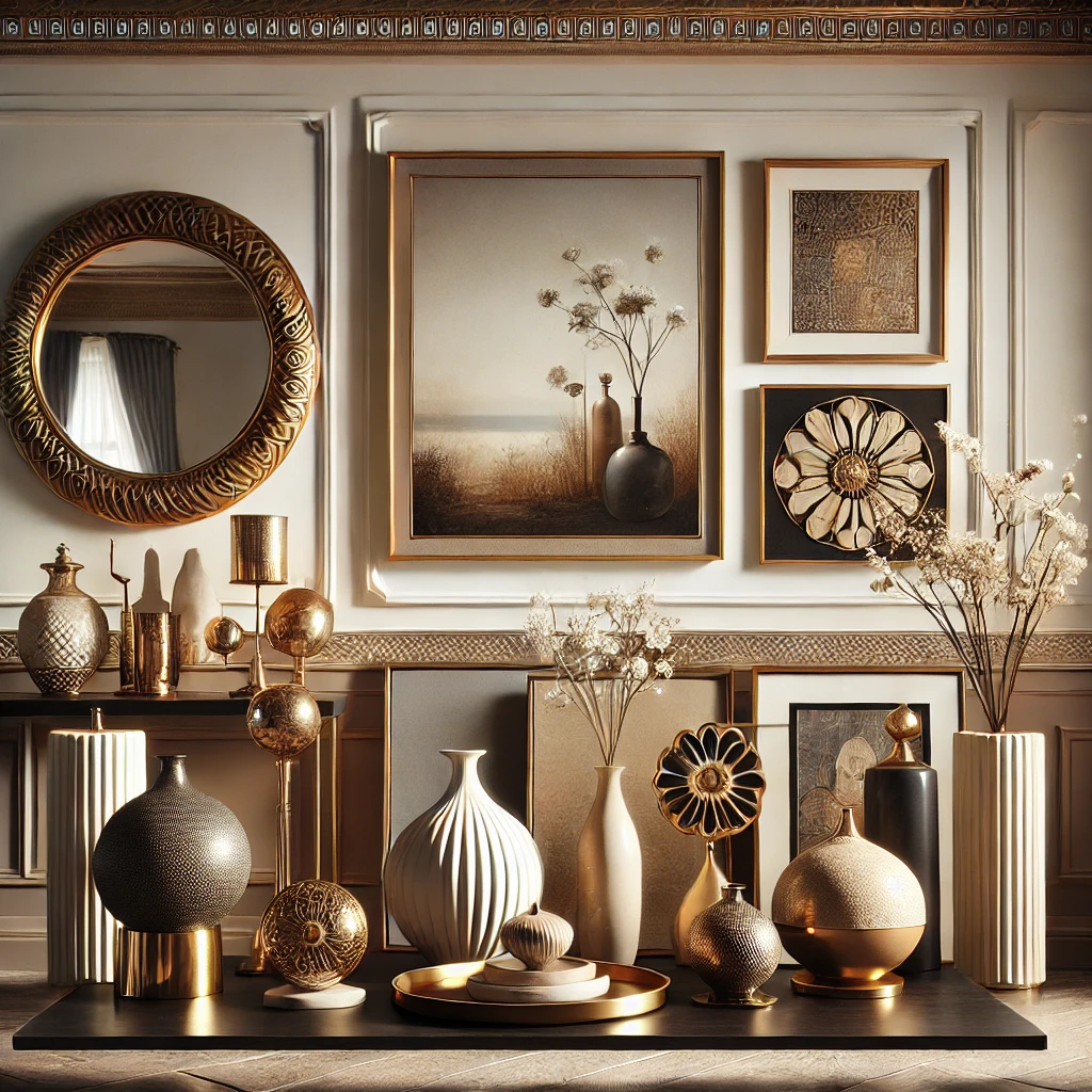 Vignette of well-curated accessories in a modern classic setting, featuring art pieces, decorative mirrors, and vases, enhancing the space's aesthetic without overwhelming it.